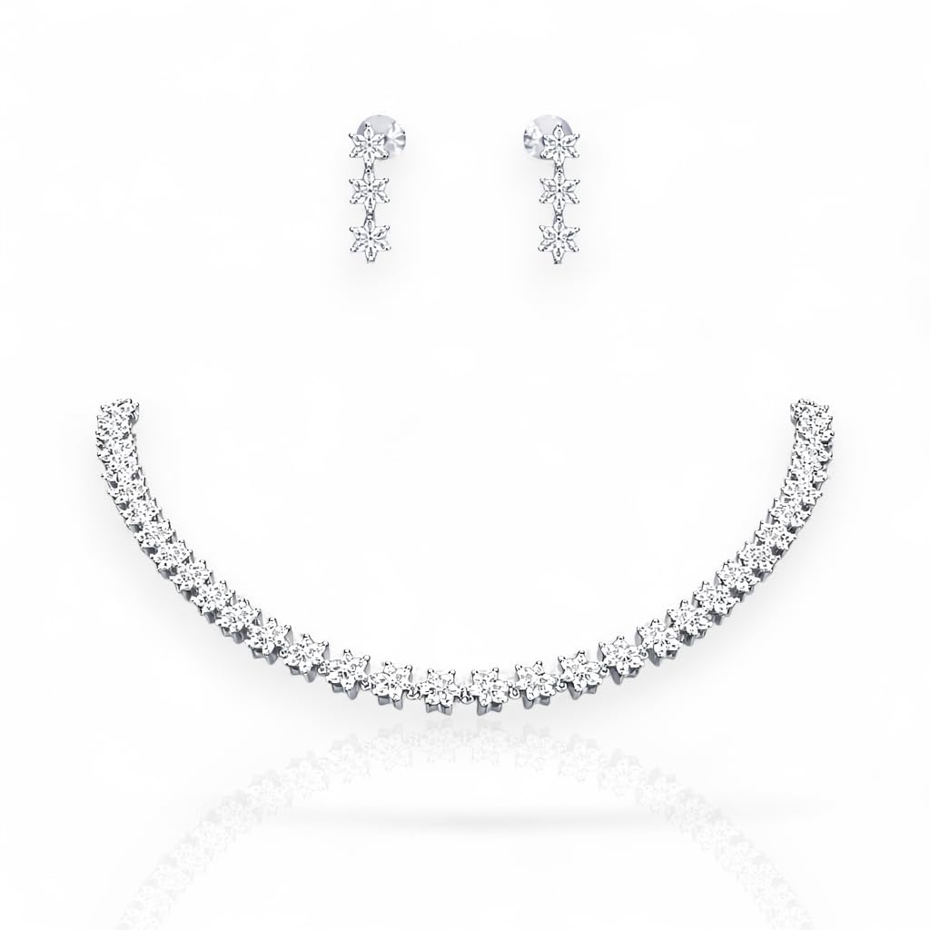 7 Stone Silver Necklace with matching Earrings | Elite Quality | (Rhodium)