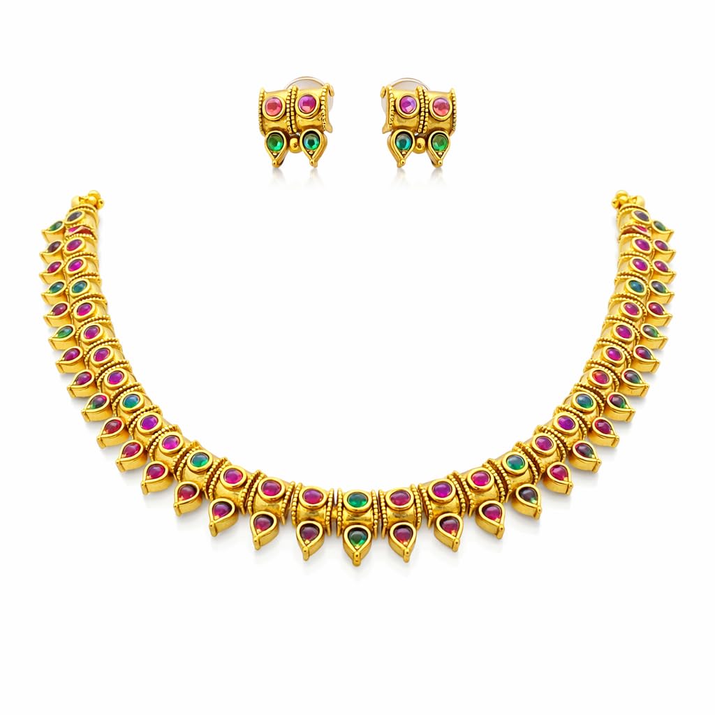 Gold Matte Finish Bridal Necklace & Earrings Set – Temple Style Jewelry