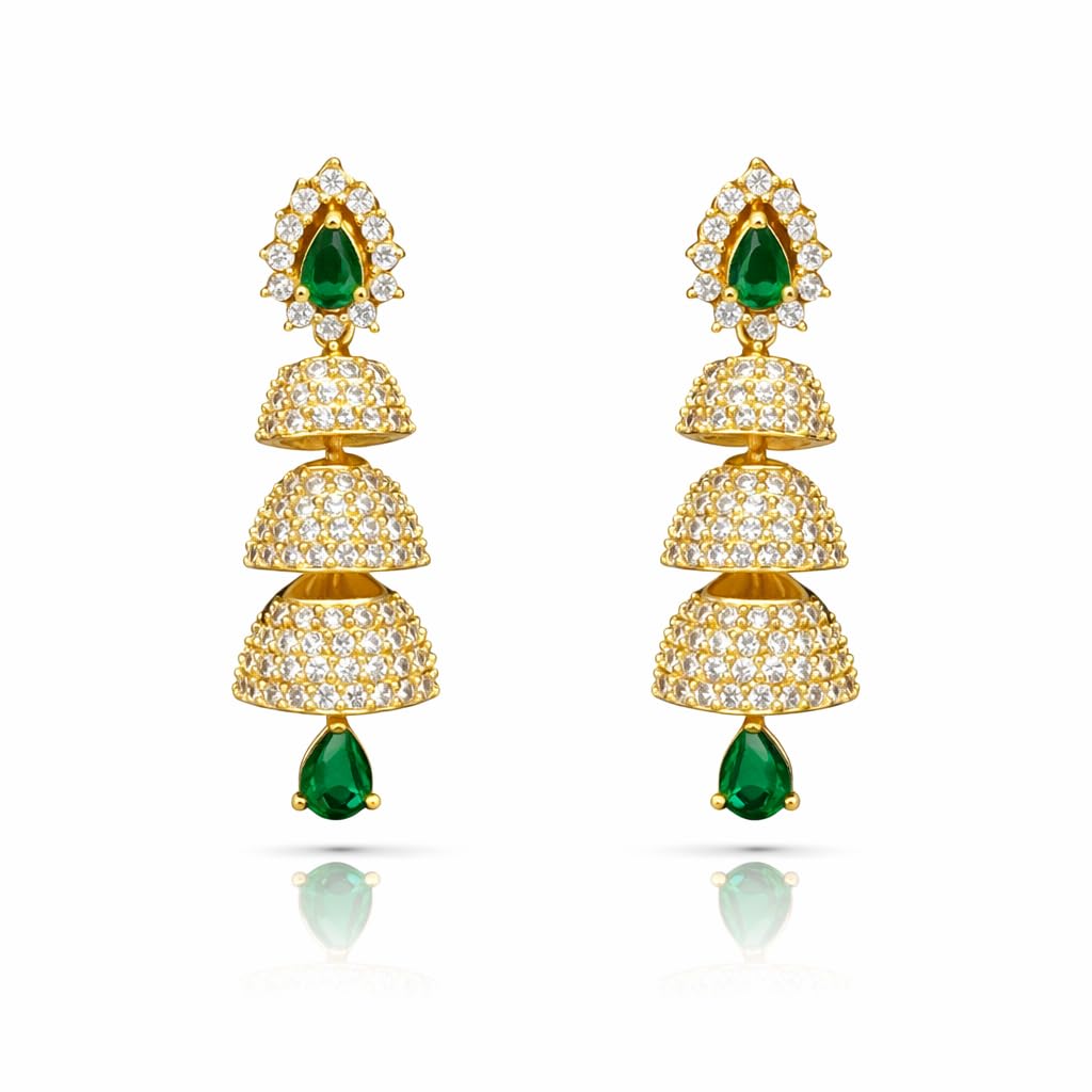Earrings for Women Jhumka 3 Steps Layered Desgin | Micro Gold Plated | AD CZ Diamond Studded | Set of 2 | Traditional, Wedding & Festival Wear Jewelry